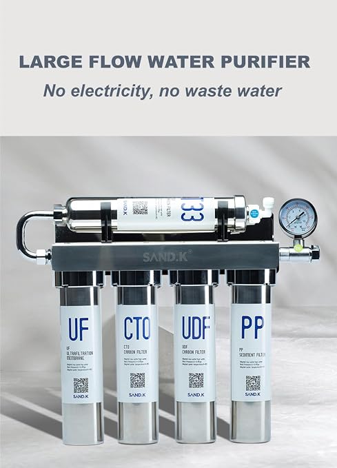 Stainless Steel Water Filter for Sink, 0.01m Ultra-Filtration Under Sink Water Filter System, Reduces PFAS, PFOA/PFOS, Fluoride, Chlorine, Bad Taste & Odor, Tankless 5-Stage with Faucet