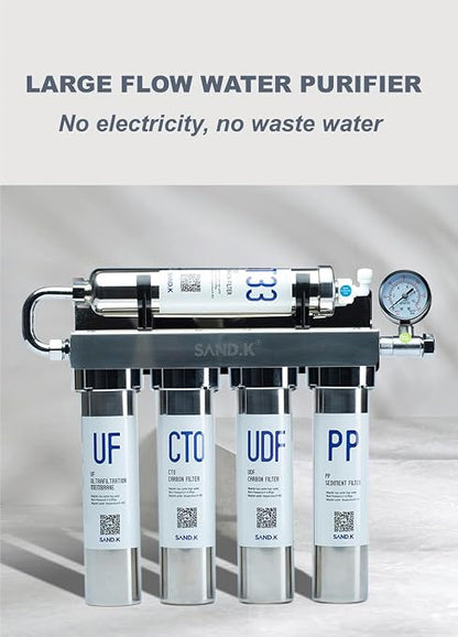 Stainless Steel Water Filter for Sink, 0.01m Ultra-Filtration Under Sink Water Filter System, Reduces PFAS, PFOA/PFOS, Fluoride, Chlorine, Bad Taste & Odor, Tankless 5-Stage with Faucet