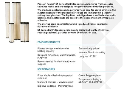 Pentair Pentek S1-BB Big Blue Sediment Water Filter, 10-Inch, Whole House Heavy Duty Pleated Cellulose Filter Cartridge, 10” x 4.5”, 20 Micron