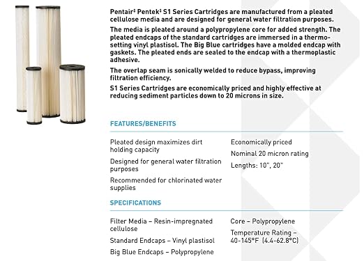 Pentair Pentek S1-BB Big Blue Sediment Water Filter, 10-Inch, Whole House Heavy Duty Pleated Cellulose Filter Cartridge, 10” x 4.5”, 20 Micron 1 Count (Pack of 8)