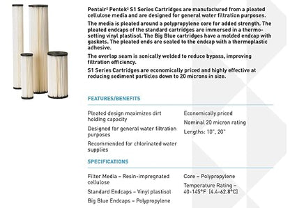 Pentair Pentek S1-BB Big Blue Sediment Water Filter, 10-Inch, Whole House Heavy Duty Pleated Cellulose Filter Cartridge, 10” x 4.5”, 20 Micron 1 Count (Pack of 8)