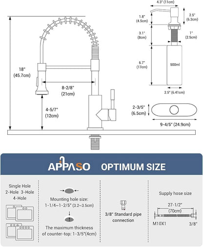 APPASO Spring Kitchen Faucet with Soap Dispenser Oil Rubbed Bronze | NSF/ANSI/CAN 372 & Lead-free, Pull Down Kitchen Sink Faucet, SUS304 Stainless Steel Single Handle High Arc Faucet