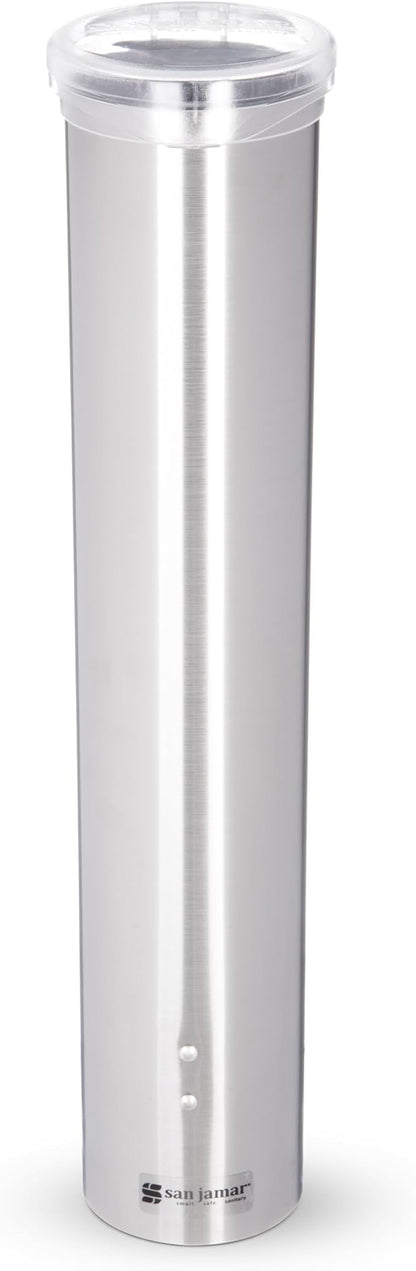 San Jamar Small Pull-Type Cup Dispenser Fits 3-4.5 Oz Cone Cups, 3-5 Oz Flat Cups with Flip Caps for Restaurants, Dining Halls, and Fast Food, Stainless Steel, 16 Inches, Silver