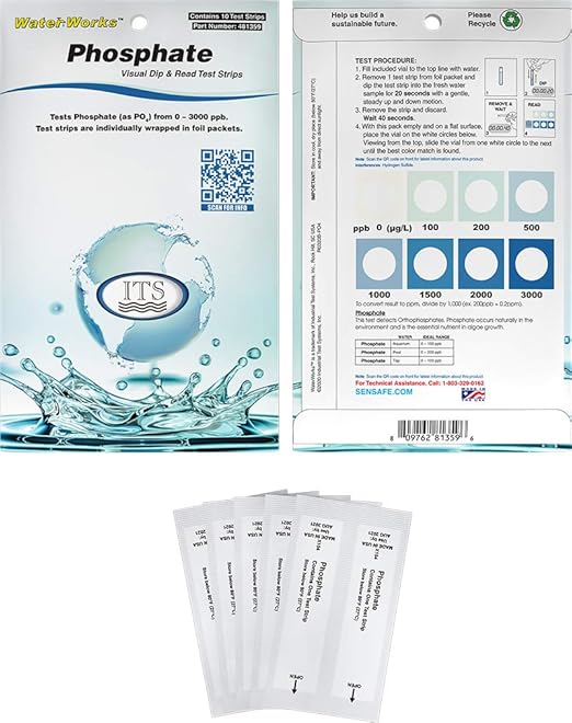 WaterWorks Phosphate Test Strip | 0-3000ppb Range| 10 Individually Wrapped Test Strips in Pocket Pack | Drinking Water, Pool & Spa, Aquarium