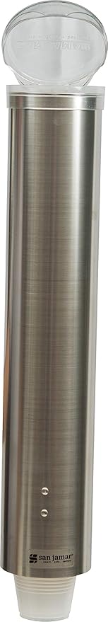 San Jamar Small Pull-Type Cup Dispenser Fits 3-4.5 Oz Cone Cups, 3-5 Oz Flat Cups with Flip Caps for Restaurants, Dining Halls, and Fast Food, Stainless Steel, 16 Inches, Silver