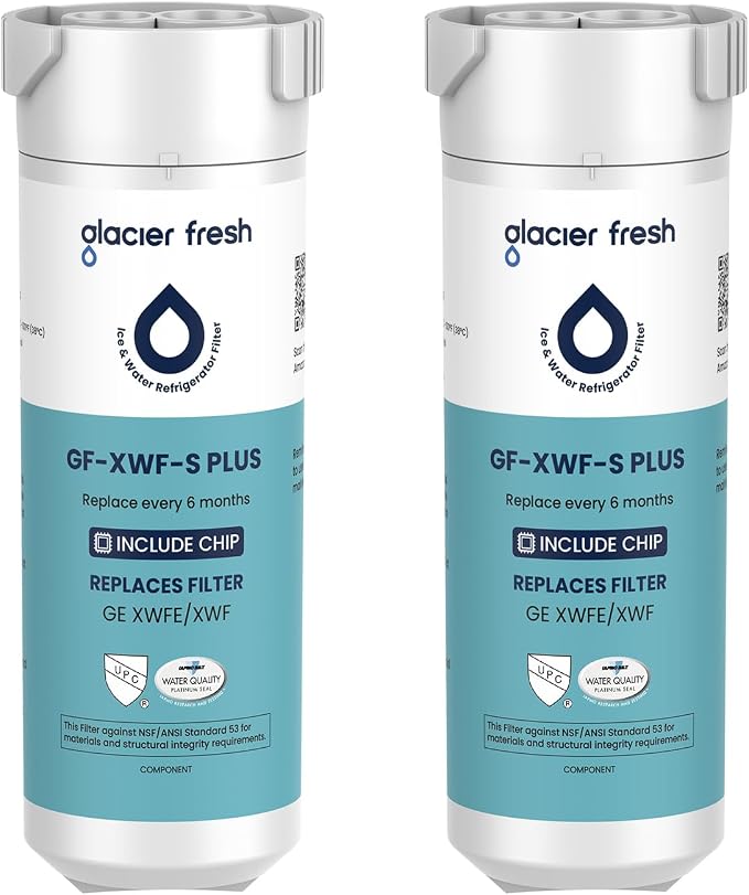 GLACIER FRESH Water Filter Compatible with XWFE (Built-in CHIP), Replacement for GE XWFE, XWF Refrigerator Water Filter NSF/ANSI 53 Certification Pack of 2 | Replacement for GE XWFE, XWF Refrigerator Water Filter NSF/ANSI 53 Certification