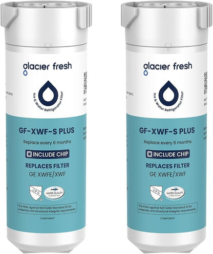 GLACIER FRESH Water Filter Compatible with XWFE (Built-in CHIP), Replacement for GE XWFE, XWF Refrigerator Water Filter NSF/ANSI 53 Certification Pack of 2 | Replacement for GE XWFE, XWF Refrigerator Water Filter NSF/ANSI 53 Certification