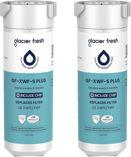 GLACIER FRESH Water Filter Compatible with XWFE (Built-in CHIP), Replacement for GE XWFE, XWF Refrigerator Water Filter NSF/ANSI 53 Certification Pack of 2 | Replacement for GE XWFE, XWF Refrigerator Water Filter NSF/ANSI 53 Certification