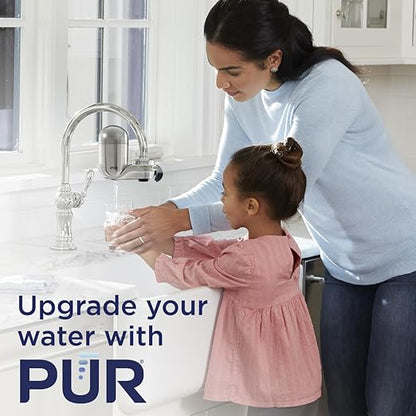 PUR PLUS Vertical Faucet Mount Water Filtration System, Lead-Reducing Filter, Great-Tasting Water, Easy Install, Lasts 100 Gallons, Compatible with Sinks with External Aerators, Stainless Steel