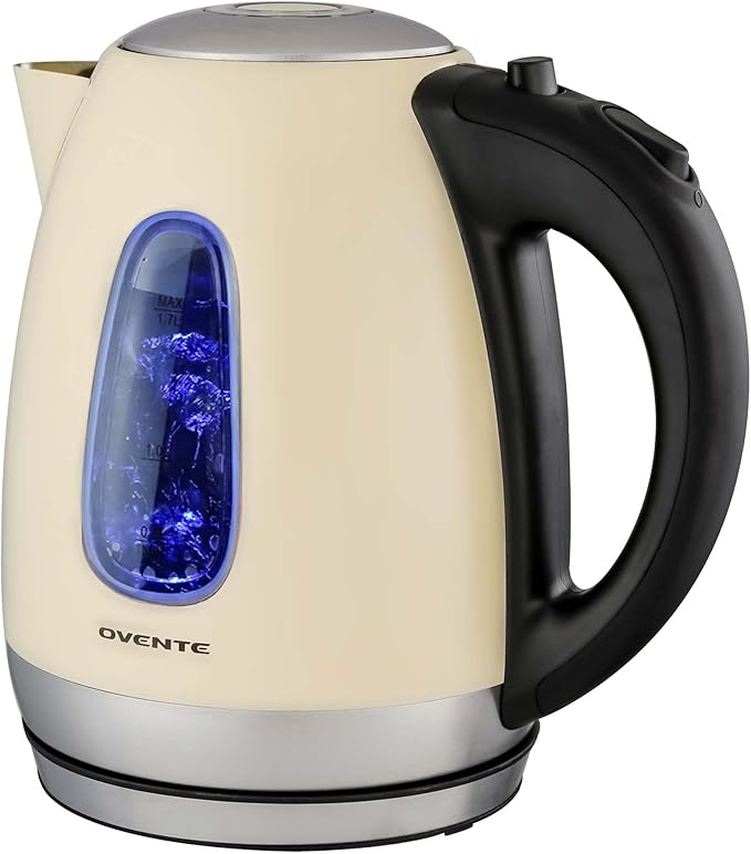 OVENTE Electric Kettle, 1.7L Stainless Steel Water Heater and Boiler for Coffee or Tea with BPA Free & Cordless Body, Auto Shut-Off, Boil-Dry Protection, LED Light and Removable Filter, Beige KS96BG