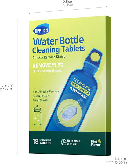 Water Bottle Cleaning Tablets, 18 Pack Bottles Clean Tablet Hydration Bladder Cleansing Tablets for Hydration Bladder, Water Bottle, Individually Packed, Mint Flavor