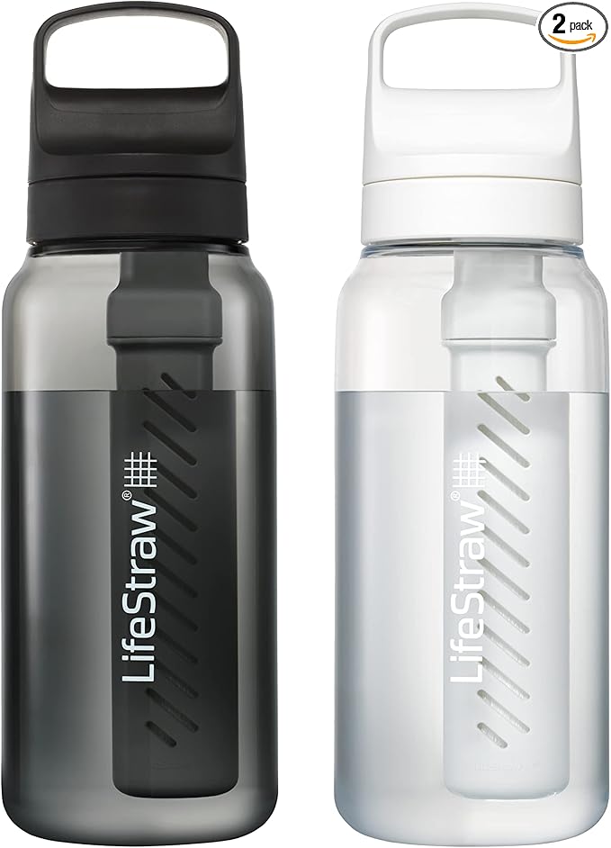 LifeStraw Go Series – BPA-Free Water Filter Bottle for Travel and Everyday Use, Removes Bacteria, Parasites and Microplastics, Improves Taste, 1L 2-Pack Icelandic Blue and Aegean Sea