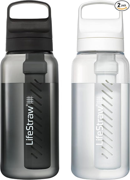LifeStraw Go Series – BPA-Free Water Filter Bottle for Travel and Everyday Use, Removes Bacteria, Parasites and Microplastics, Improves Taste, 1L 2-Pack Icelandic Blue and Aegean Sea