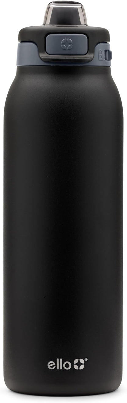 Ello Pop & Fill 32oz Stainless Steel Water Bottle with Quick Fill Technology, Double Walled and Vacuum Insulated Metal, Leak Proof Locking Lid, Sip and Chug, Reusable, BPA Free, Tonal Black