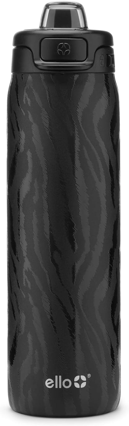 Ello Pop & Fill 22oz Stainless Steel Water Bottle with QuickFill Technology, Double Walled and Vacuum Insulated, Leak Proof Locking Lid, Straw and Chug, Fits Cupholder, Reusable BPA Free, Black Zebra