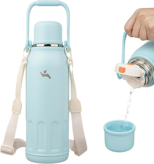 Konokyo Insulated Water Bottle with Handle and Strap,Vacuum Travel Tumbler with Cup Lid,Thermo Coffee Cup for Hot Cold Drinks 50 OZ,Cyan Blue