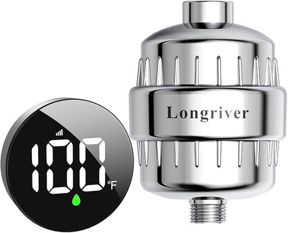 Tem8 Bathroom Shower Filter Fixture with Wireless Temperature Display | Hard Water Purifier 99.99% Remove Chlorine & Heavy Metals | Improve Skin & Hair Health | Chrome Hardware Accessories