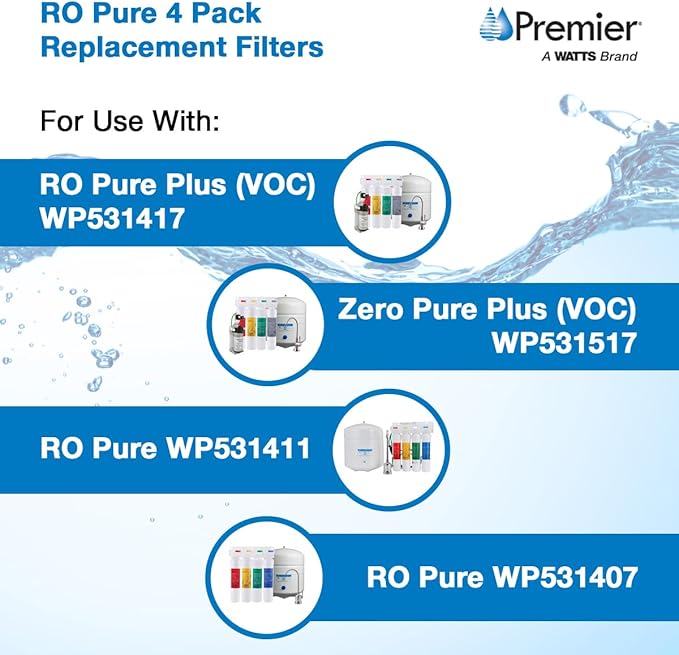 Watts Premier RO 4-Pack Filter Kit for 4 Stage Pure Plus/Zero Plus Reverse Osmosis System, Push Button Water Filter Replacement, Sediment, Carbon Pre- & Post, and Membrane Variants Included
