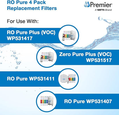 Watts Premier RO 4-Pack Filter Kit for 4 Stage Pure Plus/Zero Plus Reverse Osmosis System, Push Button Water Filter Replacement, Sediment, Carbon Pre- & Post, and Membrane Variants Included