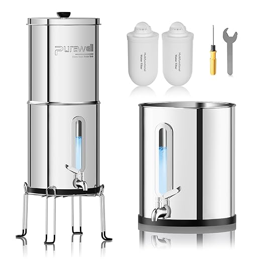 Purewell Upgraded 6-Stage 0.01μm Ultra-Filtration Gravity Water Filter System with Water Level Window, 304 Stainless Steel Countertop System with 2 Filters and Stand, Reduce 99% Chlorine, BO-2.25G