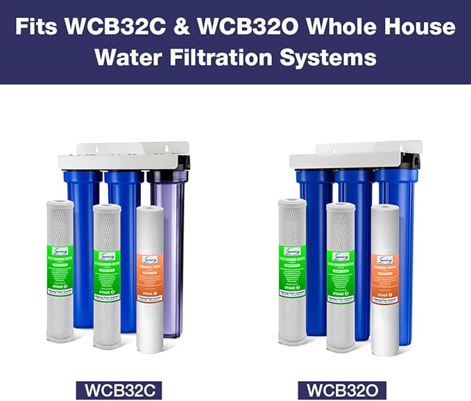 iSpring Whole House Water Filter System, Reduces Chlorine, Sediment, Taste, Odor, 3-Stage Whole House Water Filtration System w/ 20"x2.5" Water Filters and Clear 1st-Stage Housing, Model: WCB32C | Replacement Sediment Two Carbon Block Cartridges Fits W...