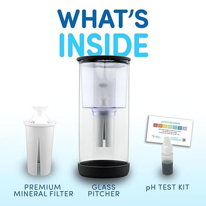 Glass Pitcher with Mineral Rich pH Balancing Filter, Sleek Glass Lid – Brita Compatible Fridge Friendly Design (Black)