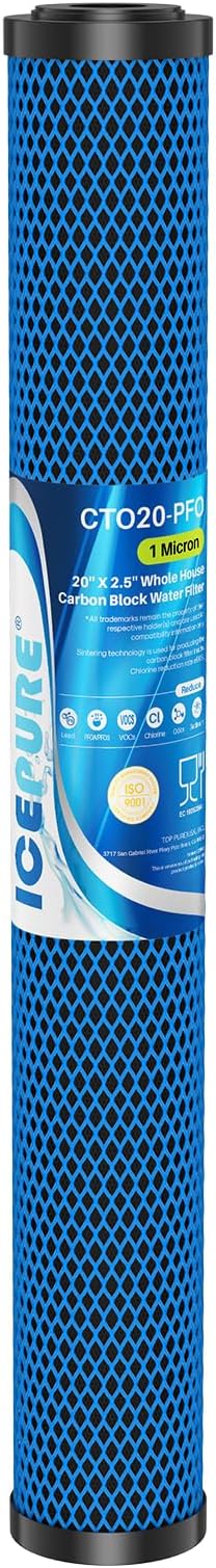 ICEPURE 1 Micron 20" x 2.5" Whole House PFOA/PFOS Activated Carbon Water Filter Cartridge Replacement for C1-20, EP-20, HX-CB-25-2010, F3WCB32, CTO20, Pack of 1