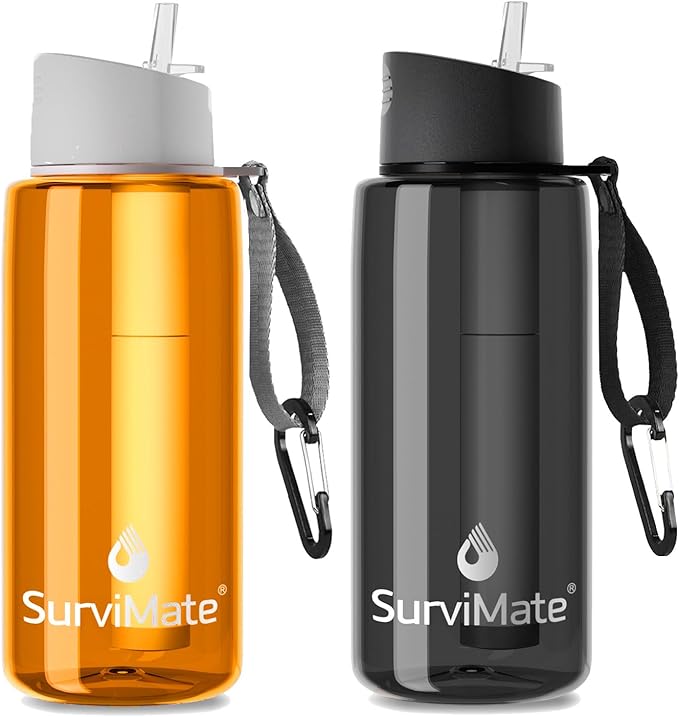 SurviMate Purified Water Bottle for Camping, Hiking, Backpacking and Travel, BPA Free with 5-Stage Intergrated Filter Straw