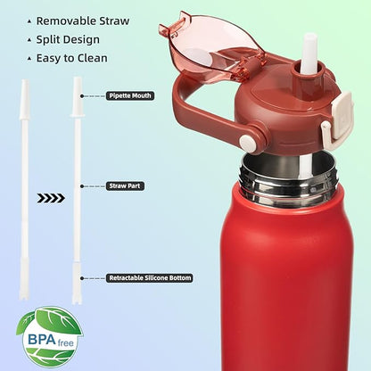 BJPKPK Insulated Water Bottles with Straw, 45 oz Stainless Steel Metal Water Bottle with One-handed Opening Lid, BPA Free Reusable Jugs for Gym Sports Outdoors, Red