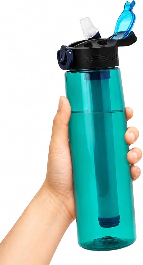 22oz Water Filter Bottle, Portable Outdoor Filtered Water Bottle with Multi-Layer Filtration, Improves Taste & Reduces Odor, BPA-Free Reusable Bottle for Hiking, Camping & Travel (Cyan)