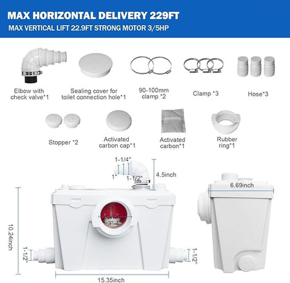 Macerating Toilet With Macerator Pump for Basement Upflush System, Included Water Tank, Elongated Toilet Bowl and Seat, Extension Pipe For Hide into the Wall, Household Residential Two-Piece Toilet