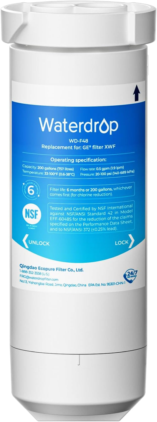 Waterdrop XWF Refrigerator Water Filter, Replacement for GE® XWF, WR17X30702, NSF 42/372 Certified, Compatible with GE® GNE27, GFE26, GDE25, GSS25, PSE25 Series Refrigerators (Not XWFE)