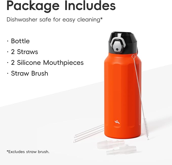 Konokyo FLOWPLAY 32oz Locking Push-Button Water Bottle with Silicone Spout,Leak-Proof,18/8 Stainless Steel Double-Wall Vacuum Insulated for Sports and Travel,BPA-Free,Orange
