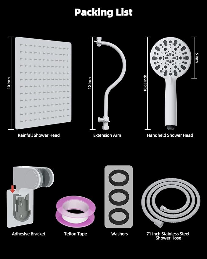 Hibbent All Metal High Pressure Rainfall 10'' Shower Head, Handheld Showerhead Combo, 12'' Adjustable Shower Extension Arm, 7-Spray, 71'' Hose, Adhesive Showerhead Holder, White
