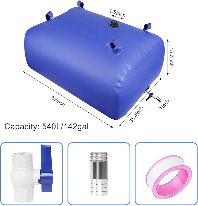 Water Storage Bladder Portable Heavy-Duty - 142Gal/540L with Stainless Steel Fittings, Leak-Proof & Durable – Portable Tank for Emergency, Farming, Irrigation Use
