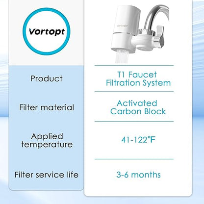 Vortopt 2 Faucet Water Filter for Sink, Rapid Flow - 400 Gallons Faucet Mount Water Filtration System for Tap Water, NSF Certified Reduces Chlorine & Bad Taste with 4 Replacement, T1