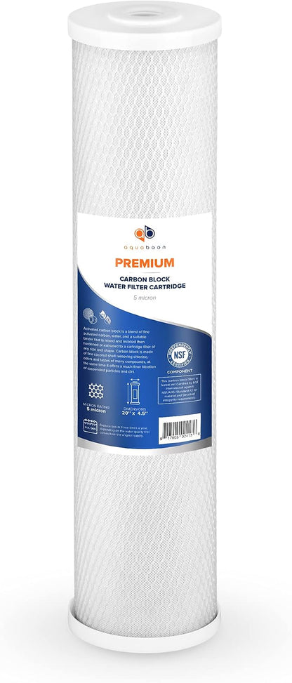 Aquaboon 5 Micron 20 x 4.5 Whole House Water Filter Replacement Cartridge Carbon Block Chlorine Reduction for 1-Stage Water Filtration System 6 Pack