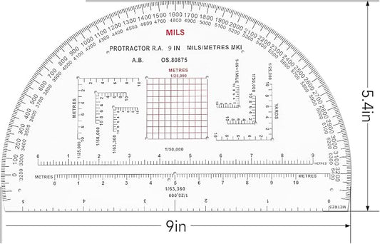 CYA MP-3 9" Half Circle Military Map Protractor - Mils Romer Scale Tool | Thick waterproof 9" half circle map protractor with mils & romer scales. Fits 1:25k, 1:50k & 1:100k UTM/MGRS charts.