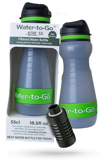 Water-to-Go Travel Water Filter Bottle, 18.5oz/55cl | Compact Filtered Water Bottle for International Travel, Removes Viruses, Eco-Friendly Bioplastic, New Leakproof Lid