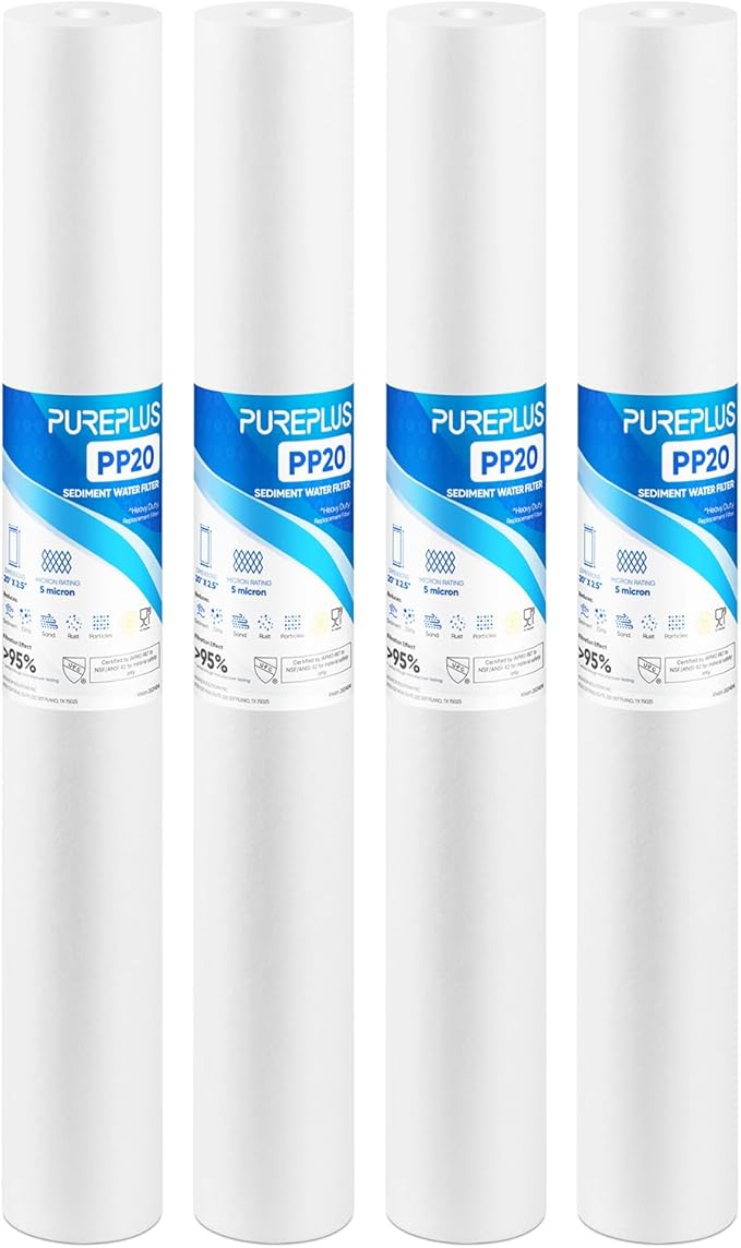 PUREPLUS 5 Micron 20" x 2.5" Whole House Sediment Home Water Filter, 20-inch Sediment Pre-Filtration, Replacement Cartridge Aqua Pure AP110-2C, Pentek P1-20/SP-P1-20/PX01-20, 4Pack