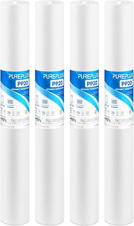 PUREPLUS 5 Micron 20" x 2.5" Whole House Sediment Home Water Filter, 20-inch Sediment Pre-Filtration, Replacement Cartridge Aqua Pure AP110-2C, Pentek P1-20/SP-P1-20/PX01-20, 4Pack