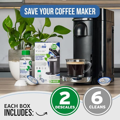 Caffenu Descaling Kit Compatible with Nespresso Vertuo, 2 Uses Descaling Solution and 6 Cleaner Pods. Removes Limescale & Cleans Pod Area. Better Tasting & Hotter Coffee. 4 Months Supply.