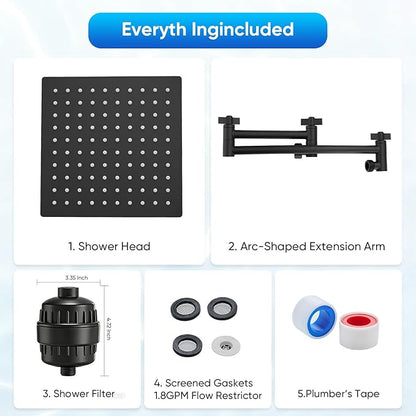 Shower Head with Filters, Stainless Steel Rain Filtered Shower Head, High Pressure Shower Head with 16" Shower Extension Arm - 20 Stage Shower Filter for Hard Water - 12" Black