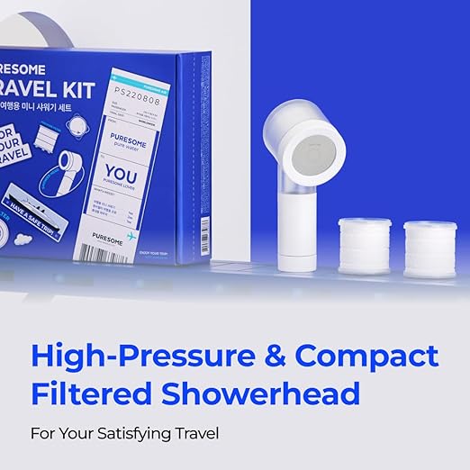 BODYLUV Puresome Travel Mini Shower Head Set with Pure Filter | Compact Portable Shower Kit with High-Pressure Spray, Chlorine & Calcium Reduction | Includes 2 Replacement Filters and Waterproof Pouch
