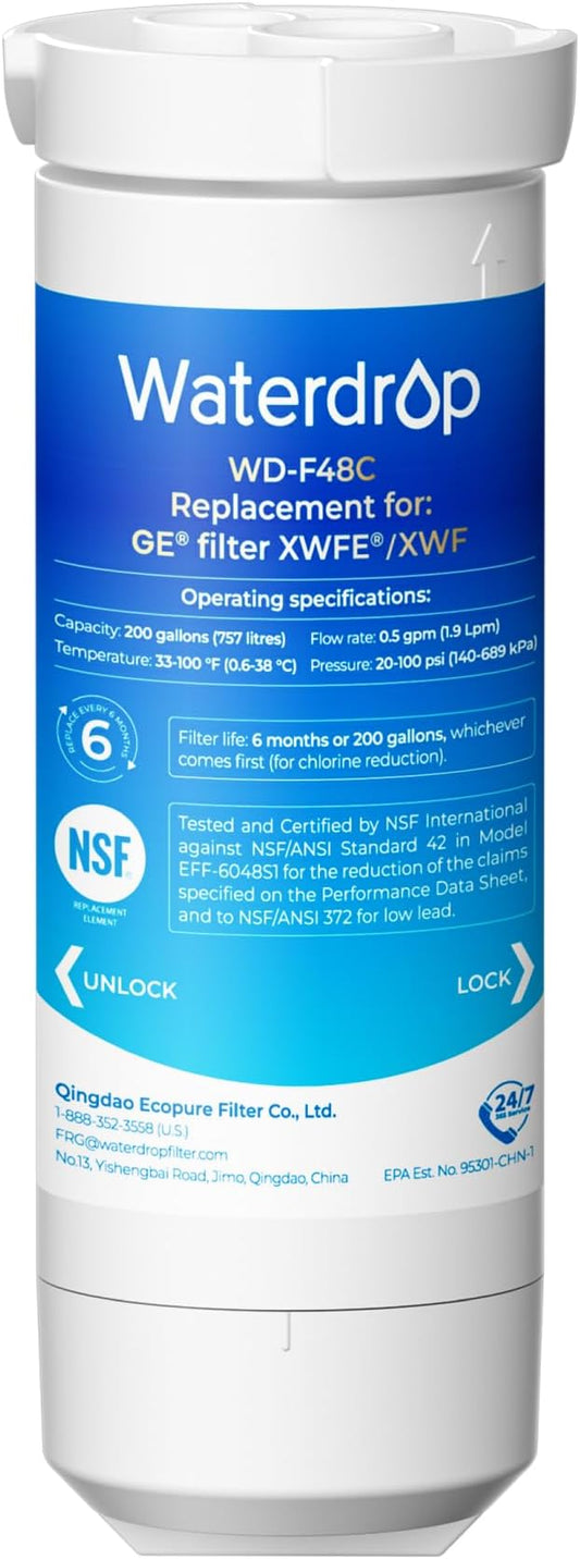 Waterdrop XWFE® Water Filter, Replacement for GE® XWFE®, Built-in Chip | Replacement for GE® XWF, Compatible with GNE27, GFE26, GDE25, GSS25 and PSE25 Series Refrigerators, NSF 42 & 372 Certified