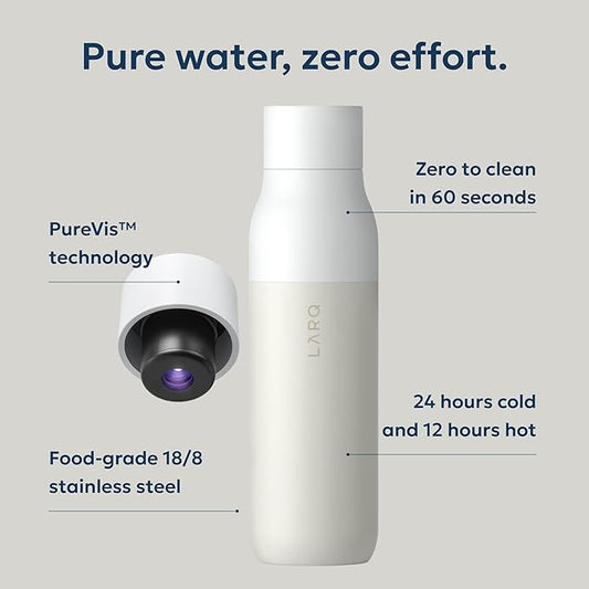 LARQ Bottle PureVis 25 oz - Self-Cleaning and Insulated Stainless Steel Water Bottle with UV Water Purifier and Award-winning Design | Reusable & Travel Friendly, Granite White