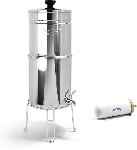 ProOne Big+ Gravity Water Filter System - High Capacity Countertop Stainless Steel Water Filter Dispenser - IAPMO Certified to Reduce Lead, Total PFAS, Microplastics, Chlorine Taste & Odor