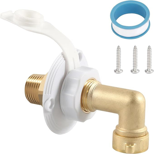 RV City Water Inlet with Check Valve – RV Water Inlet Connection, RV Water Fill Inlet with 3/4" NH Female to 1/2" NPT Male, Ideal for RV, Travel Trailers, Camping, and Boats in White (with Hose Elbow)