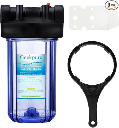 Geekpure 10 Inch Water Filter Housing for Whole House Water Filtration with Wrench Bracket -1" Port-Clear -4.5" x 10" Pack of 3