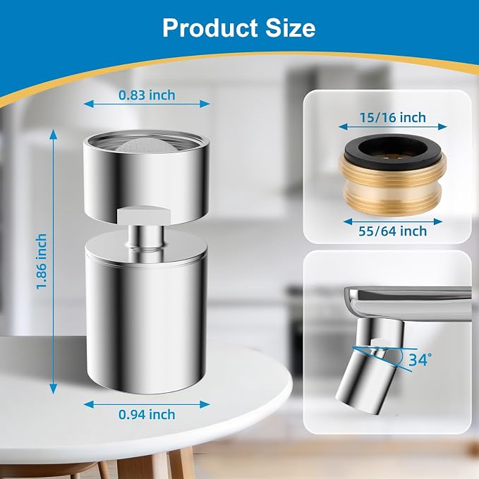 Hibbent NSF/ANSI/CAN 372 Certified 4 Modes Faucet Aerator, Chrome | 360° Swivel Faucet Extender, Sink Sprayer Attachment with Metal Adapter for Kitchen & Bathroom, 55/64'' Female Thread